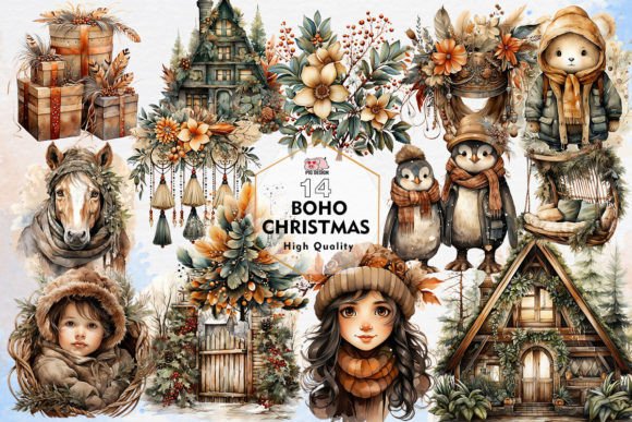 Download Boho Christmas Sublimation Clipart PNG - Boho christmas Collection