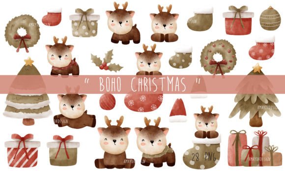 Download Boho Christmas Watercolor Clipart - Boho christmas Collection
